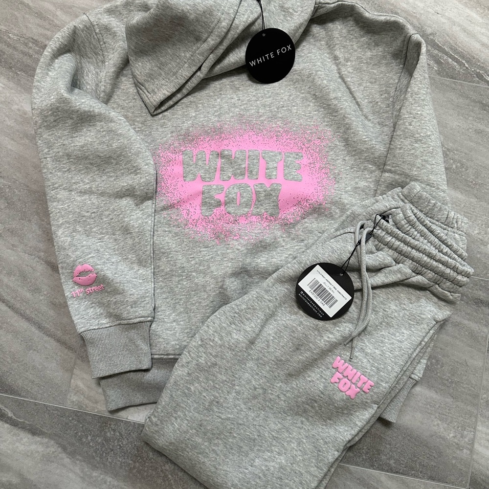 White Fox Boutique Gray and Pink Hoodie Set